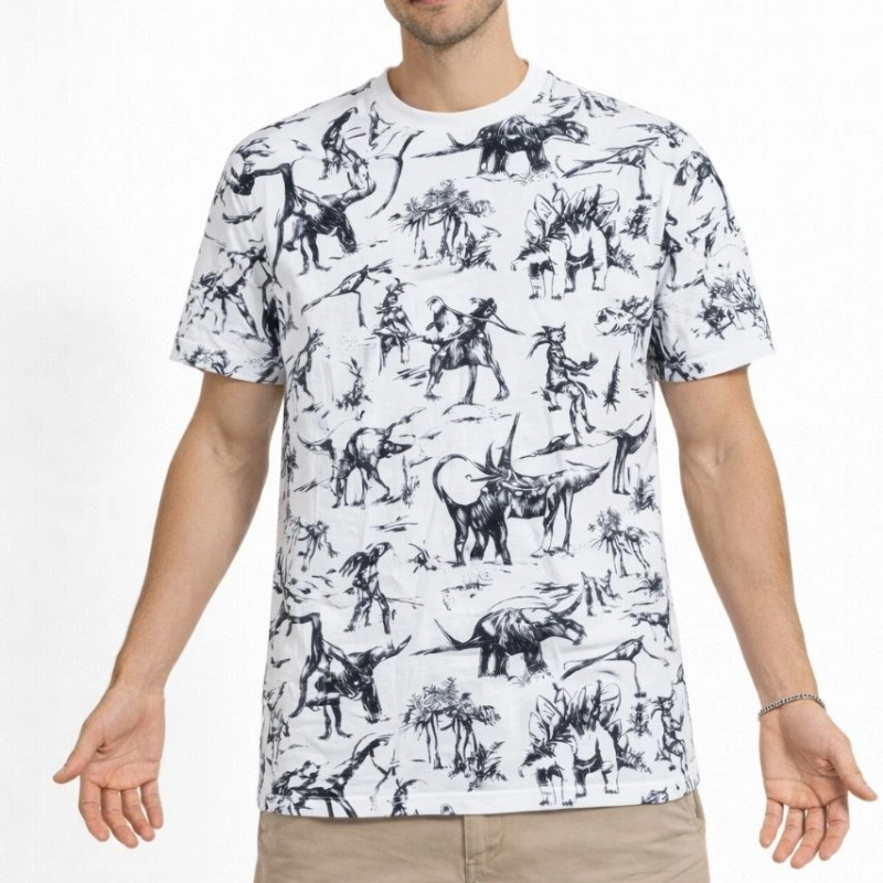 Erkek Dinozor Dijıtal ön ve arka Baskılı Tişört Bisiklet Yaka T-Shirt - Beyaz
