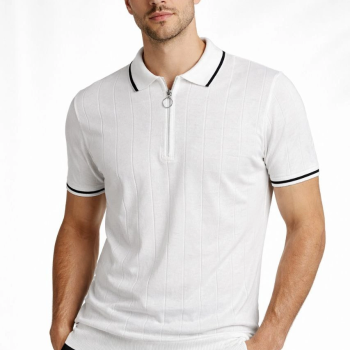 Erkek Dokuma Triko Tişört Fermuarlı Polo Yaka Yazlık Kısa Kol T-Shirt 2’li Set Bej-Beyaz