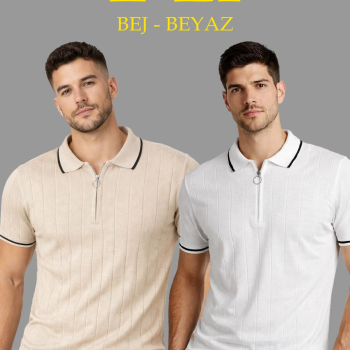 Erkek Dokuma Triko Tişört Fermuarlı Polo Yaka Yazlık Kısa Kol T-Shirt 2’li Set Bej-Beyaz
