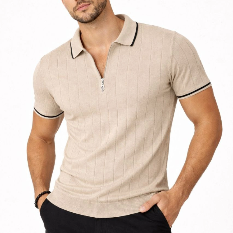 Erkek Dokuma Triko Tişört Fermuarlı Polo Yaka Yazlık Kısa Kol T-Shirt 2’li Set Bej-Beyaz