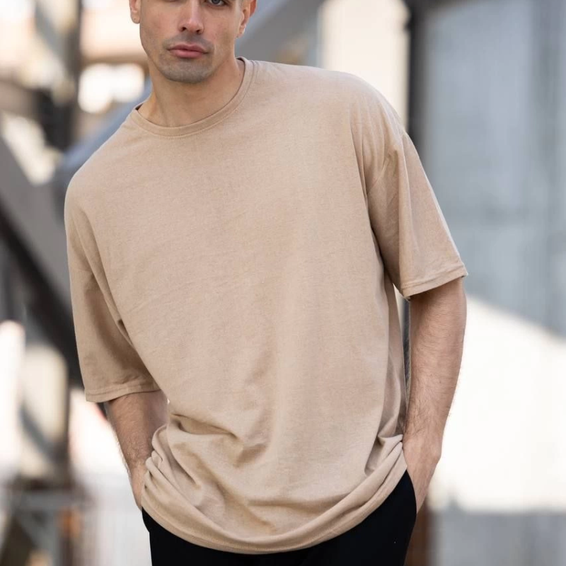 Erkek Düz T-Shirt Kısa Kol Bisiklet Yaka Regular Fit Rahat Kalıp Günlük Tişört - Bej