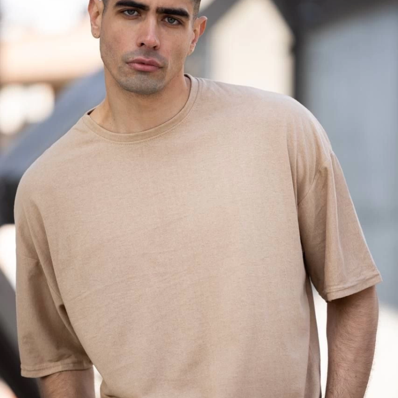 Erkek Düz T-Shirt Kısa Kol Bisiklet Yaka Regular Fit Rahat Kalıp Günlük Tişört - Bej