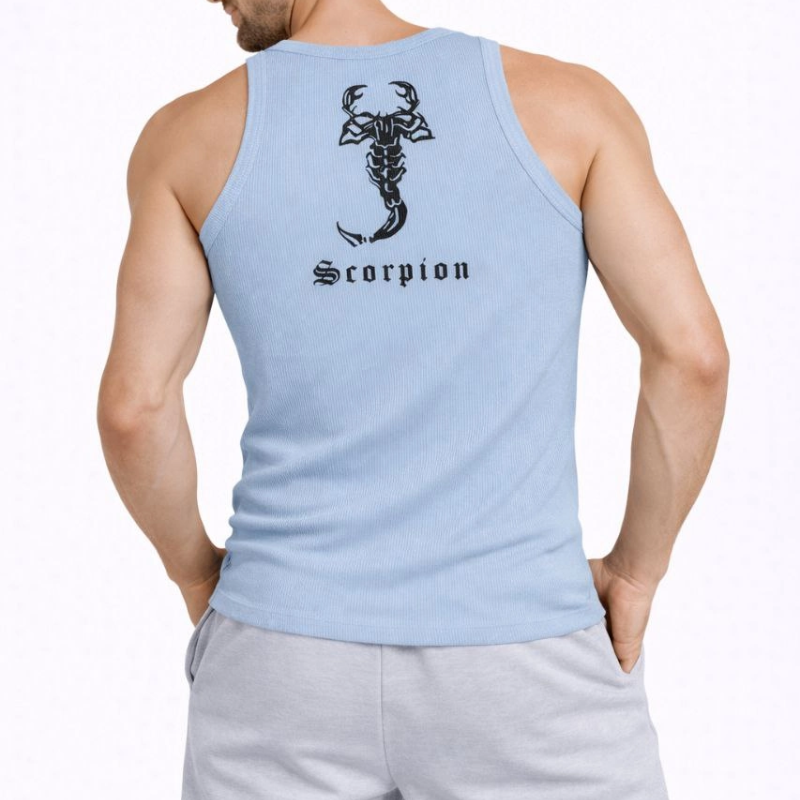 Erkek Fitilli Atlet Sıfır Yaka Slim Fit Arka Baskılı Spor Atlet - Bebek Mavisi