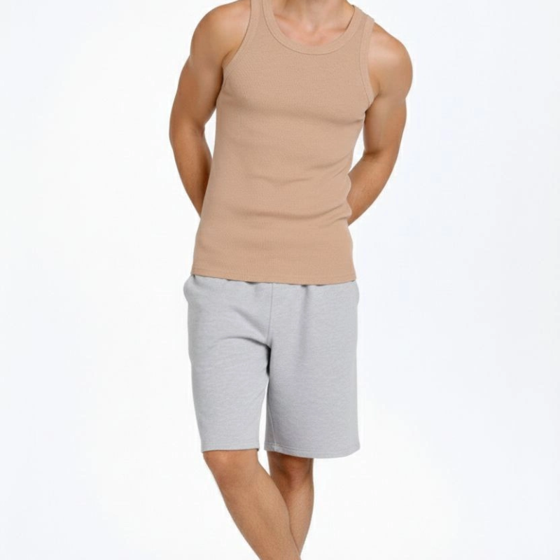 Erkek Fitilli Atlet Sıfır Yaka Slim Fit Arka Baskılı Spor Atlet - Bej