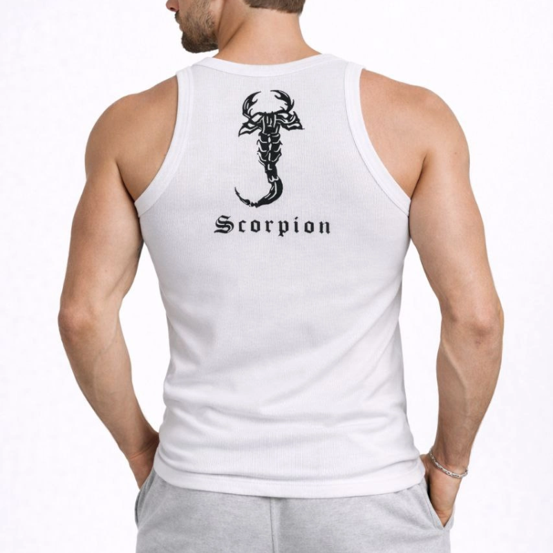 Erkek Fitilli Atlet Sıfır Yaka Slim Fit Arka Baskılı Spor Atlet - Beyaz