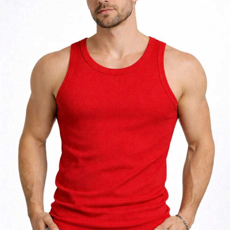 Erkek Fitilli Atlet Sıfır Yaka Slim Fit Arka Baskılı Spor Atlet - Kırmızı