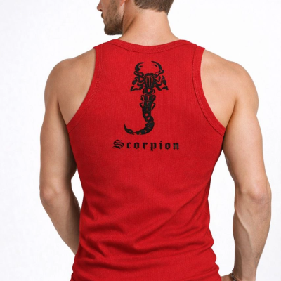 Erkek Fitilli Atlet Sıfır Yaka Slim Fit Arka Baskılı Spor Atlet - Kırmızı