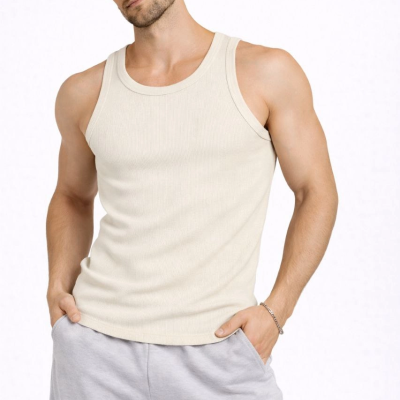 Erkek Fitilli Atlet Sıfır Yaka Slim Fit Arka Baskılı Spor Atlet - Krem