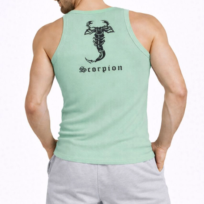 Erkek Fitilli Atlet Sıfır Yaka Slim Fit Arka Baskılı Spor Atlet - Mint Yeşili