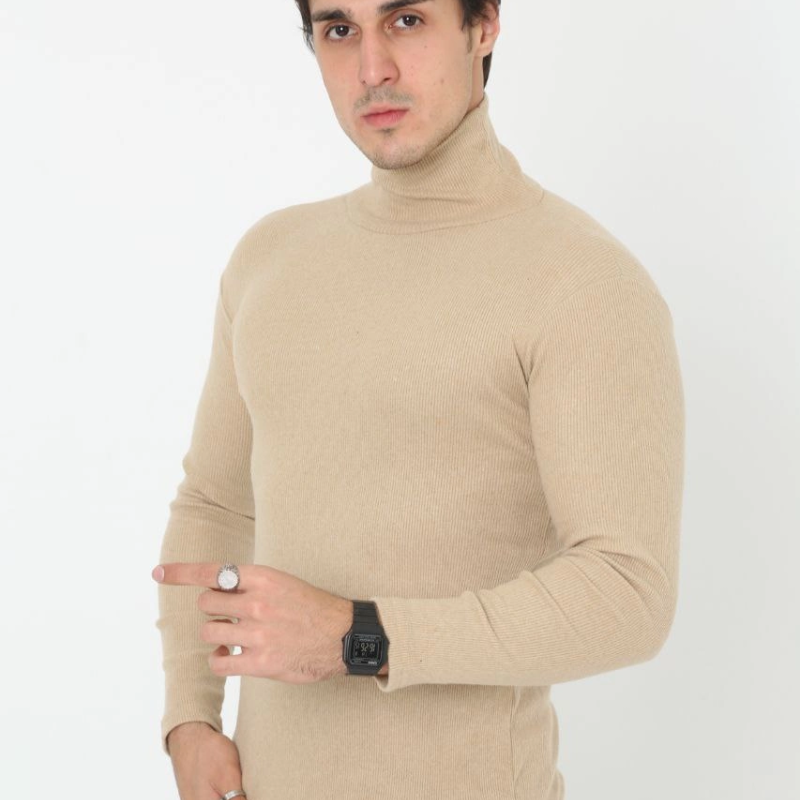 Erkek Fitilli Kaşkorse Kumaş Boğazlı Full Likralı Slimfit Body - Bej