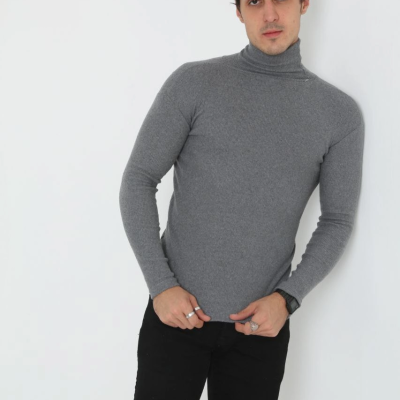 Erkek Fitilli Kaşkorse Kumaş Boğazlı Full Likralı Slimfit Body - Füme