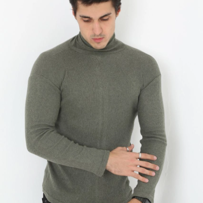 Erkek Fitilli Kaşkorse Kumaş Boğazlı Full Likralı Slimfit Body - Haki