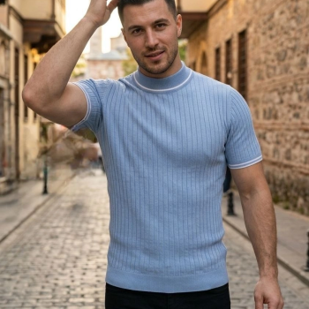 Erkek Fitilli Triko Dokuma Kısa Kol Tişört Yarım Boğaz Modern Yazlık T-Shirt - Bebe Mavisi