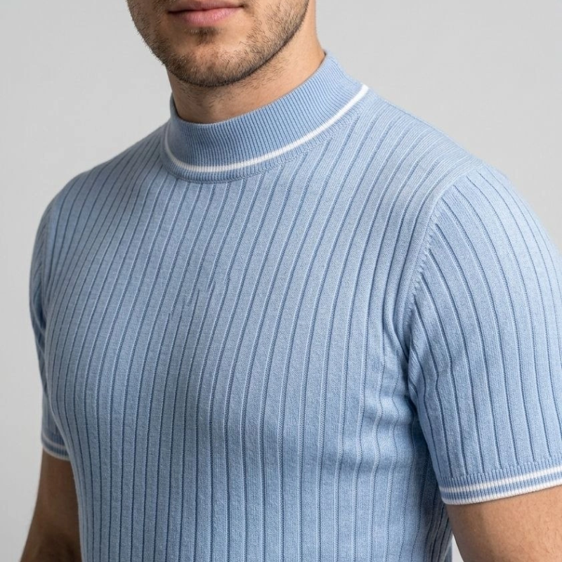 Erkek Fitilli Triko Dokuma Kısa Kol Tişört Yarım Boğaz Modern Yazlık T-Shirt - Bebe Mavisi