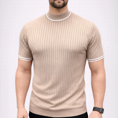 Erkek Fitilli Triko Dokuma Kısa Kol Tişört Yarım Boğaz Modern Yazlık T-Shirt - Bej