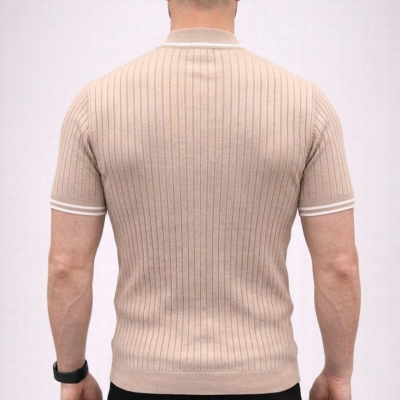 Erkek Fitilli Triko Dokuma Kısa Kol Tişört Yarım Boğaz Modern Yazlık T-Shirt - Bej