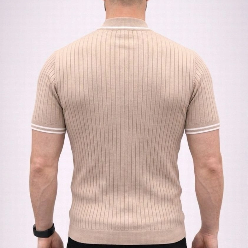 Erkek Fitilli Triko Dokuma Kısa Kol Tişört Yarım Boğaz Modern Yazlık T-Shirt - Bej