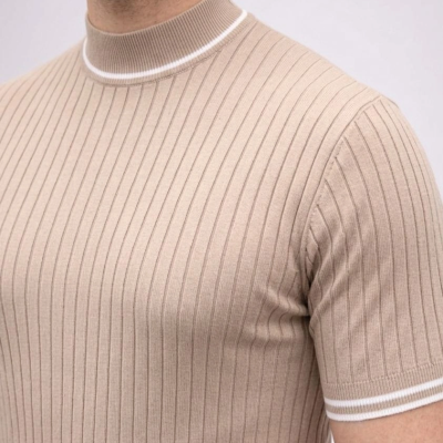 Erkek Fitilli Triko Dokuma Kısa Kol Tişört Yarım Boğaz Modern Yazlık T-Shirt - Bej