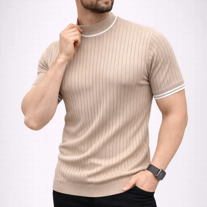 Erkek Fitilli Triko Dokuma Kısa Kol Tişört Yarım Boğaz Modern Yazlık T-Shirt - Bej