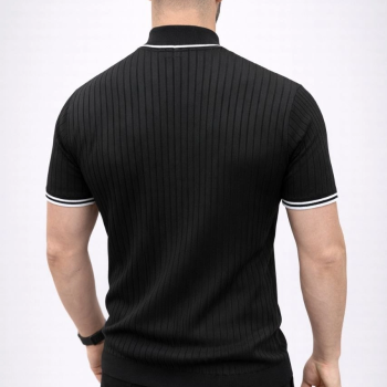 Erkek Fitilli Triko Dokuma Kısa Kol Tişört Yarım Boğaz Modern Yazlık T-Shirt - Siyah