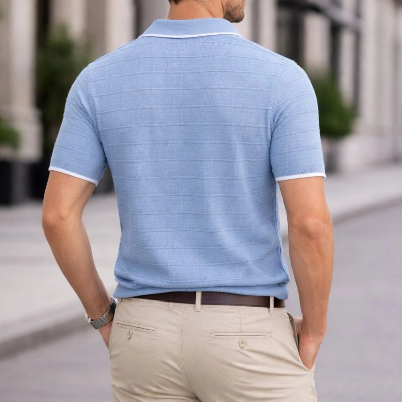 Erkek Fitilli Yazlık Triko Tişört Düğmesiz Polo Yaka Kısa Kol T-shirt - Bebek Mavisi