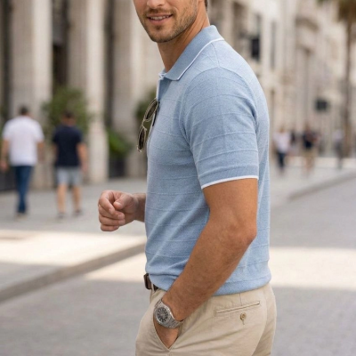 Erkek Fitilli Yazlık Triko Tişört Düğmesiz Polo Yaka Kısa Kol T-shirt - Bebek Mavisi