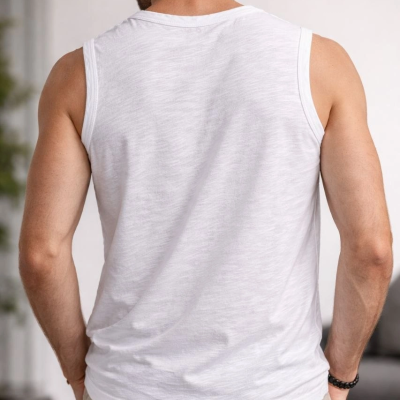 Erkek Flamlı Kumaş Kolsuz Atlet Günlük Fitness Spor T-Shirt - Beyaz