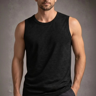 Erkek Flamlı Kumaş Kolsuz Atlet Günlük Fitness Spor T-Shirt - Siyah