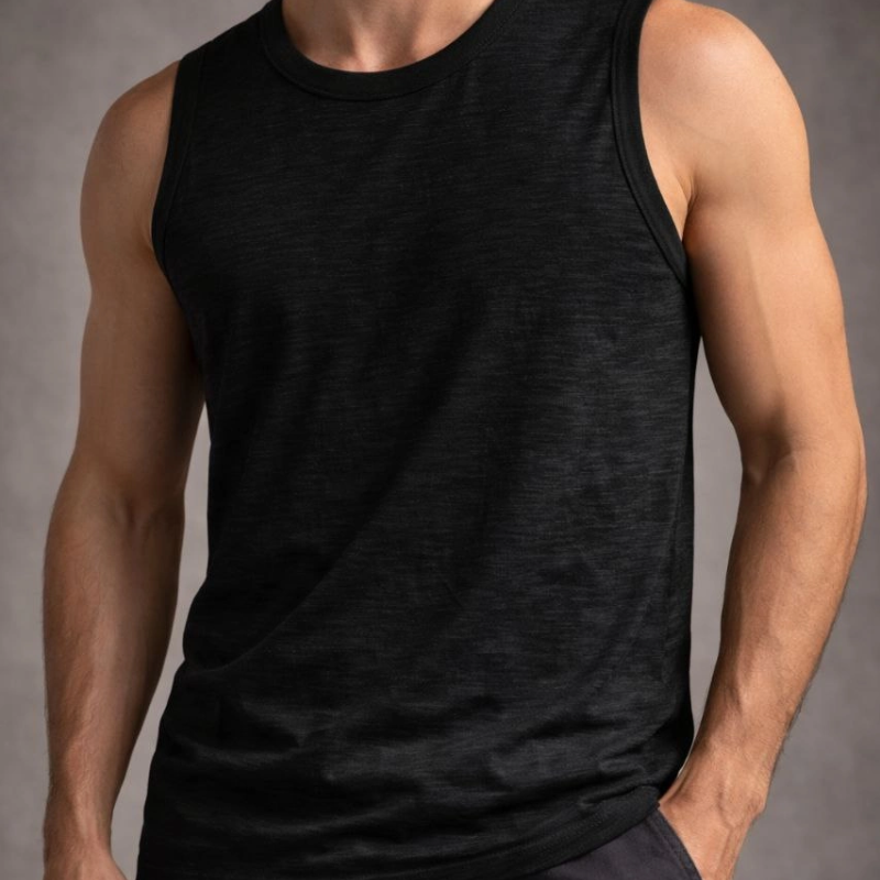 Erkek Flamlı Kumaş Kolsuz Atlet Günlük Fitness Spor T-Shirt - Siyah