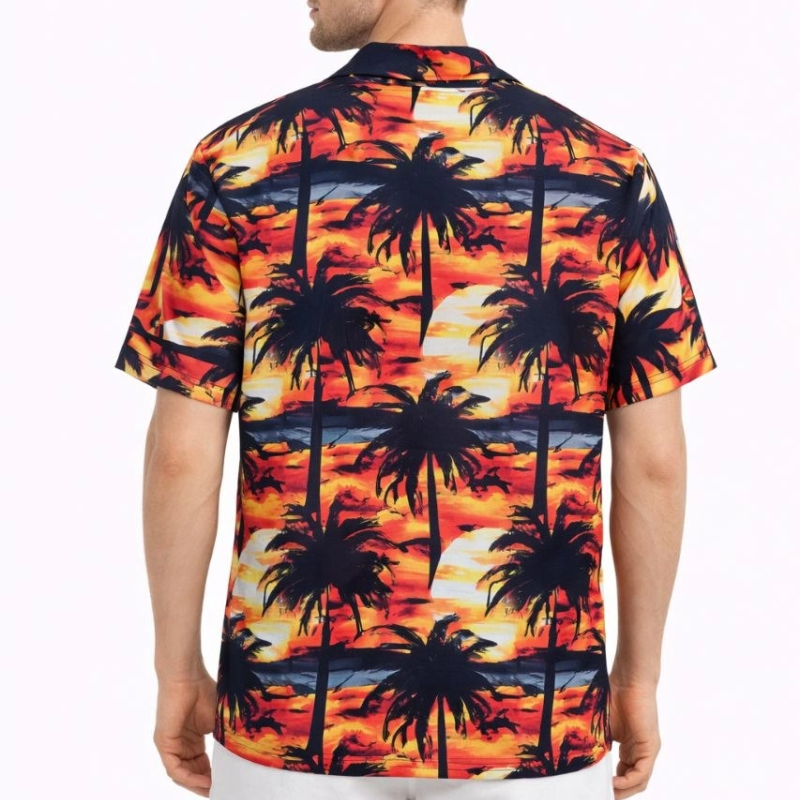 Erkek Gün Batımı Palmiye Desenli Kısa Kol Gömlek Hawaii Tarz Yazlık Rahat Kalıp - Desenli