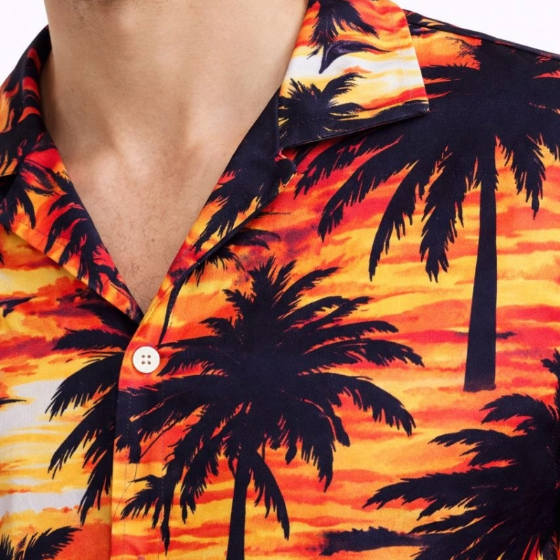 Erkek Gün Batımı Palmiye Desenli Kısa Kol Gömlek Hawaii Tarz Yazlık Rahat Kalıp - Desenli