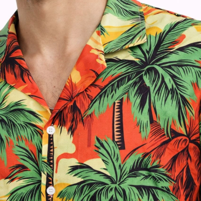 Erkek Hawaii Tarz Tropikal Palmiye Desenli Kısa Kol Gömlek Rahat Kalıp Yazlık - Desenli