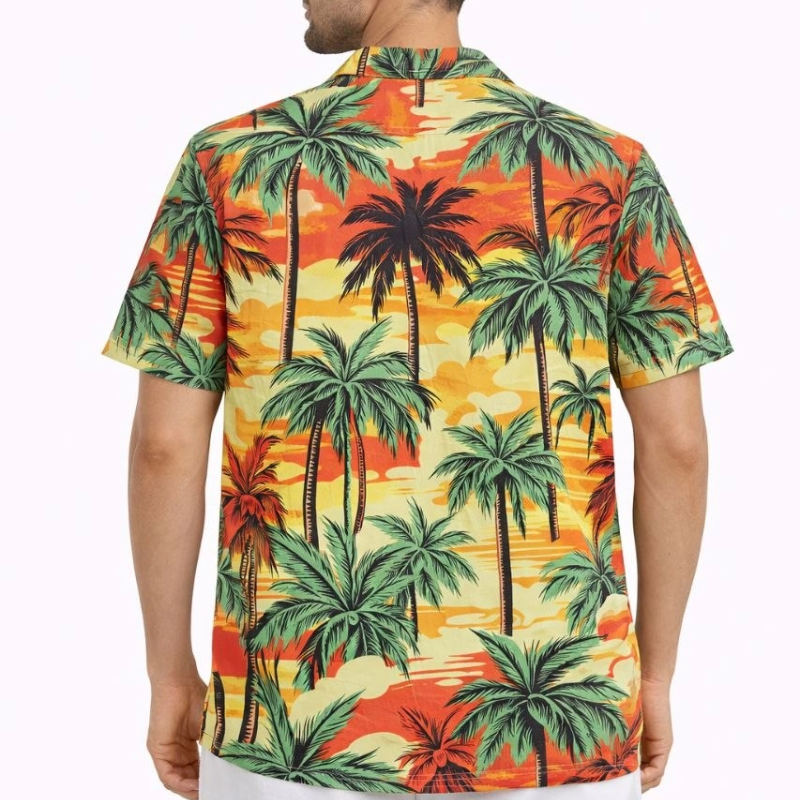 Erkek Hawaii Tarz Tropikal Palmiye Desenli Kısa Kol Gömlek Rahat Kalıp Yazlık - Desenli