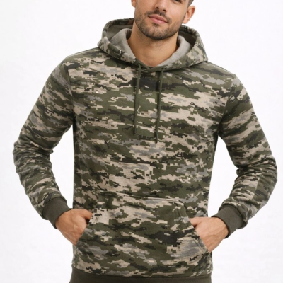 Erkek Kamuflaj Desenli 2 İplik 4 Mevsim Kapüşonlu Kanguru Cepli Hoodie Sweatshirt - Kamuflaj