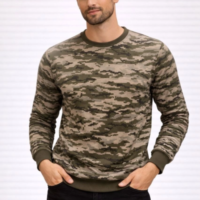 Erkek Kamuflaj Desenli 2 İplik 4 Mevsim Uzun Kollu Bisiklet Yaka Sweatshirt - Kamuflaj