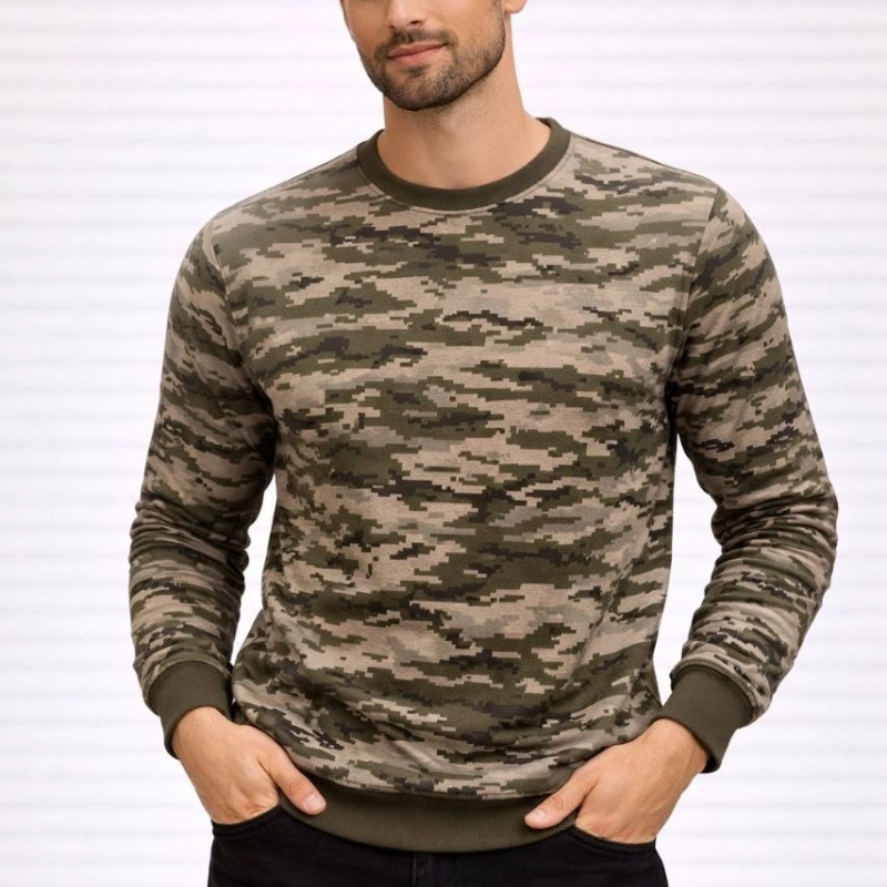 Erkek Kamuflaj Desenli 2 İplik 4 Mevsim Uzun Kollu Bisiklet Yaka Sweatshirt - Kamuflaj