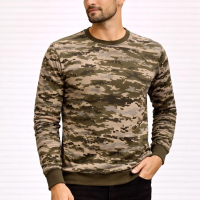 Erkek Kamuflaj Desenli 2 İplik 4 Mevsim Uzun Kollu Bisiklet Yaka Sweatshirt - Kamuflaj