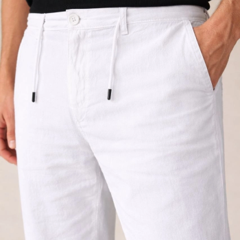 Erkek Keten Cepli Pantolon Lastikli Bel Bağcıklı Önden Fermuarlı - Beyaz