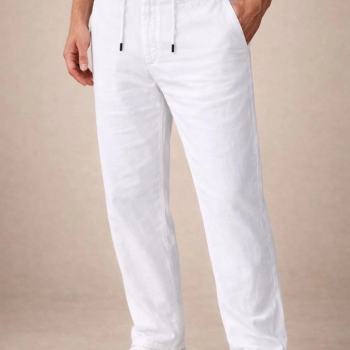 Erkek Keten Cepli Pantolon Lastikli Bel Bağcıklı Önden Fermuarlı - Beyaz