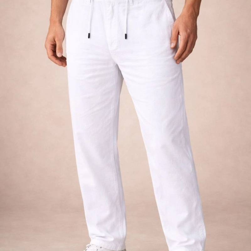 Erkek Keten Cepli Pantolon Lastikli Bel Bağcıklı Önden Fermuarlı - Beyaz