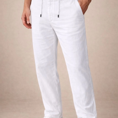 Erkek Keten Cepli Pantolon Lastikli Bel Bağcıklı Önden Fermuarlı - Beyaz