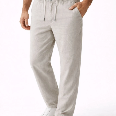 Erkek Keten Cepli Pantolon Lastikli Bel Bağcıklı Önden Fermuarlı - Gri