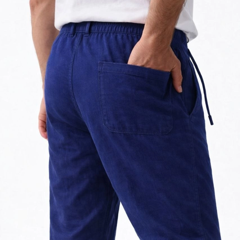 Erkek Keten Cepli Pantolon Lastikli Bel Bağcıklı Önden Fermuarlı - İndigo