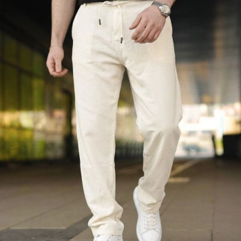 Erkek Keten Cepli Pantolon Lastikli Bel Bağcıklı Önden Fermuarlı - Krem