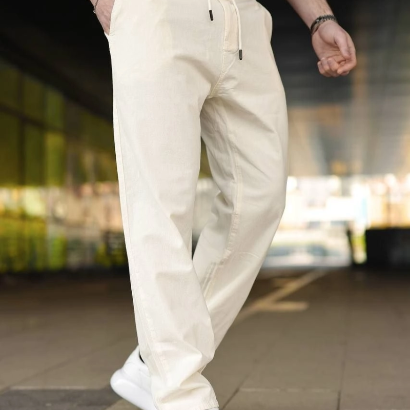 Erkek Keten Cepli Pantolon Lastikli Bel Bağcıklı Önden Fermuarlı - Krem