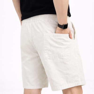 Erkek Keten Kumaş Cepli Rahat Kesim Bel Lastikli Şort - Beyaz