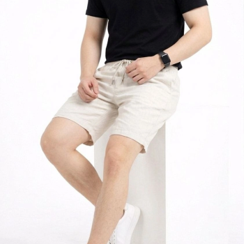 Erkek Keten Kumaş Cepli Rahat Kesim Bel Lastikli Şort - Beyaz