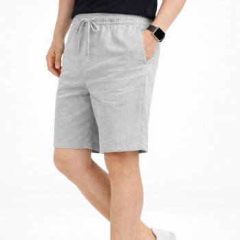 Erkek Keten Kumaş Cepli Rahat Kesim Bel Lastikli Şort - Gri