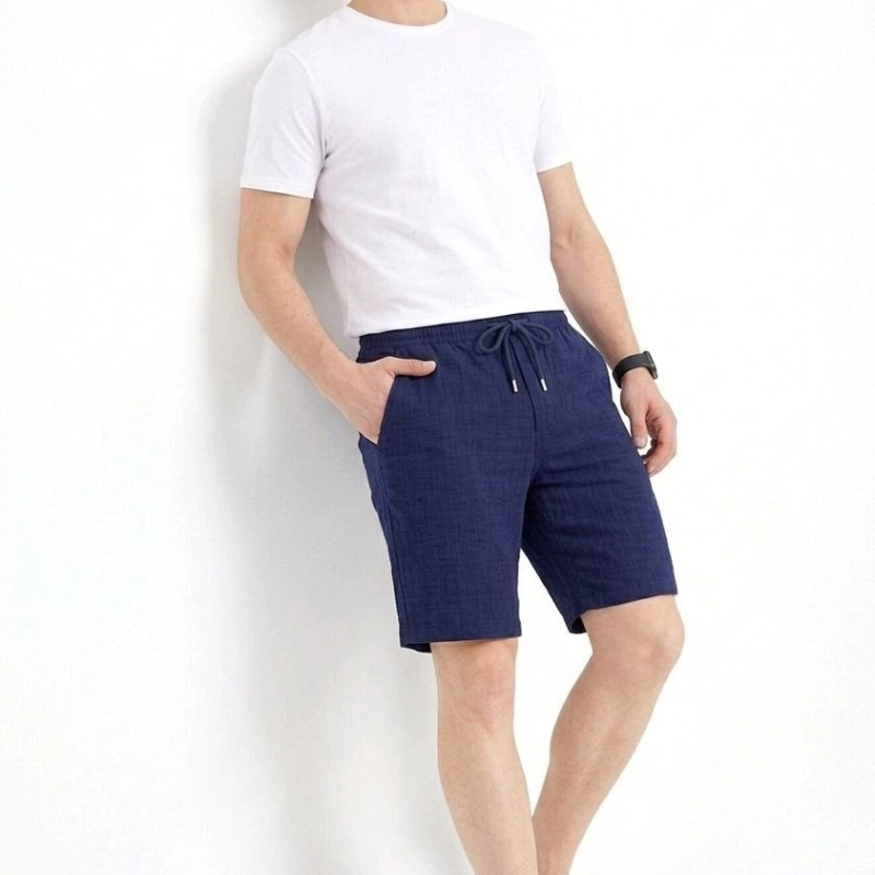 Erkek Keten Kumaş Cepli Rahat Kesim Bel Lastikli Şort - Lacivert