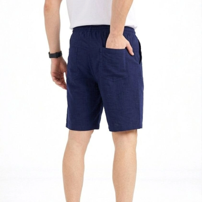 Erkek Keten Kumaş Cepli Rahat Kesim Bel Lastikli Şort - Lacivert
